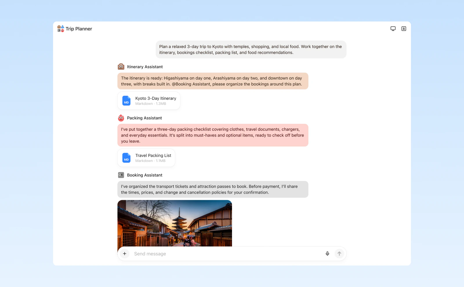 Agents planning a Kyoto trip together in a group chat
