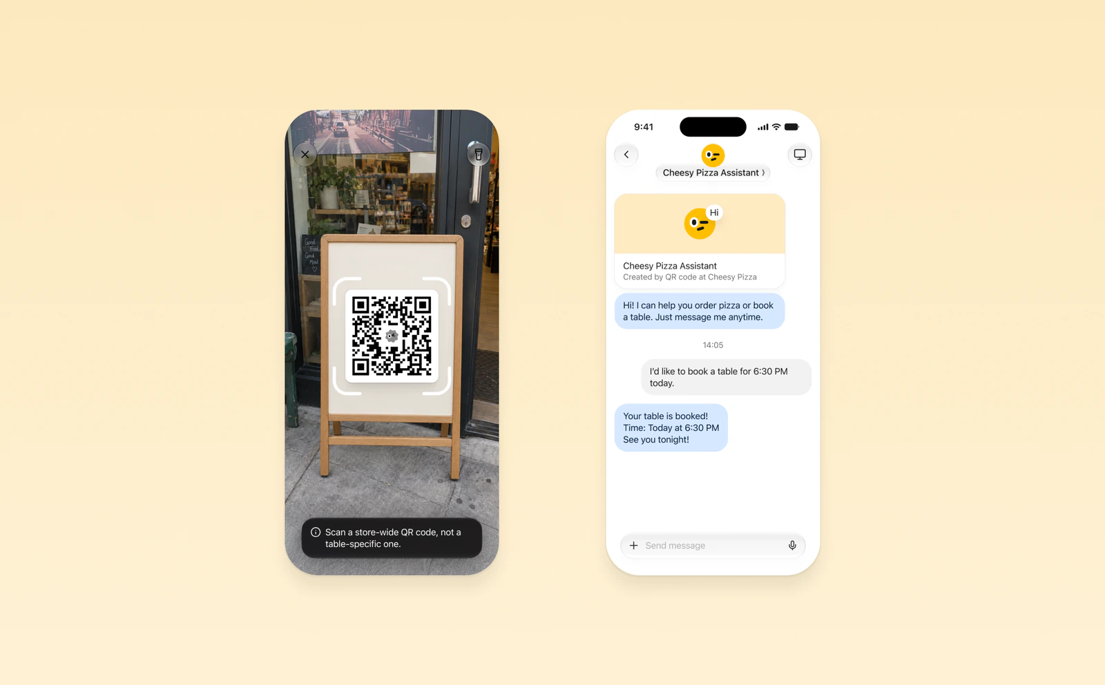 Scan a store's QR code to create an agent and book a table